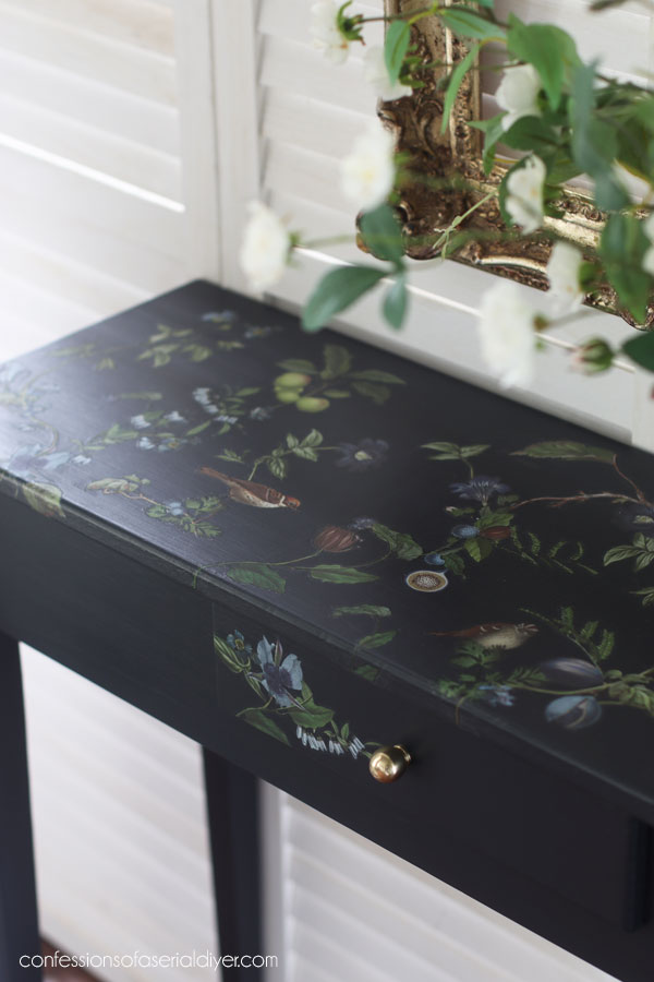 Unfinished wood table makeover with the Chirping Charm transfer