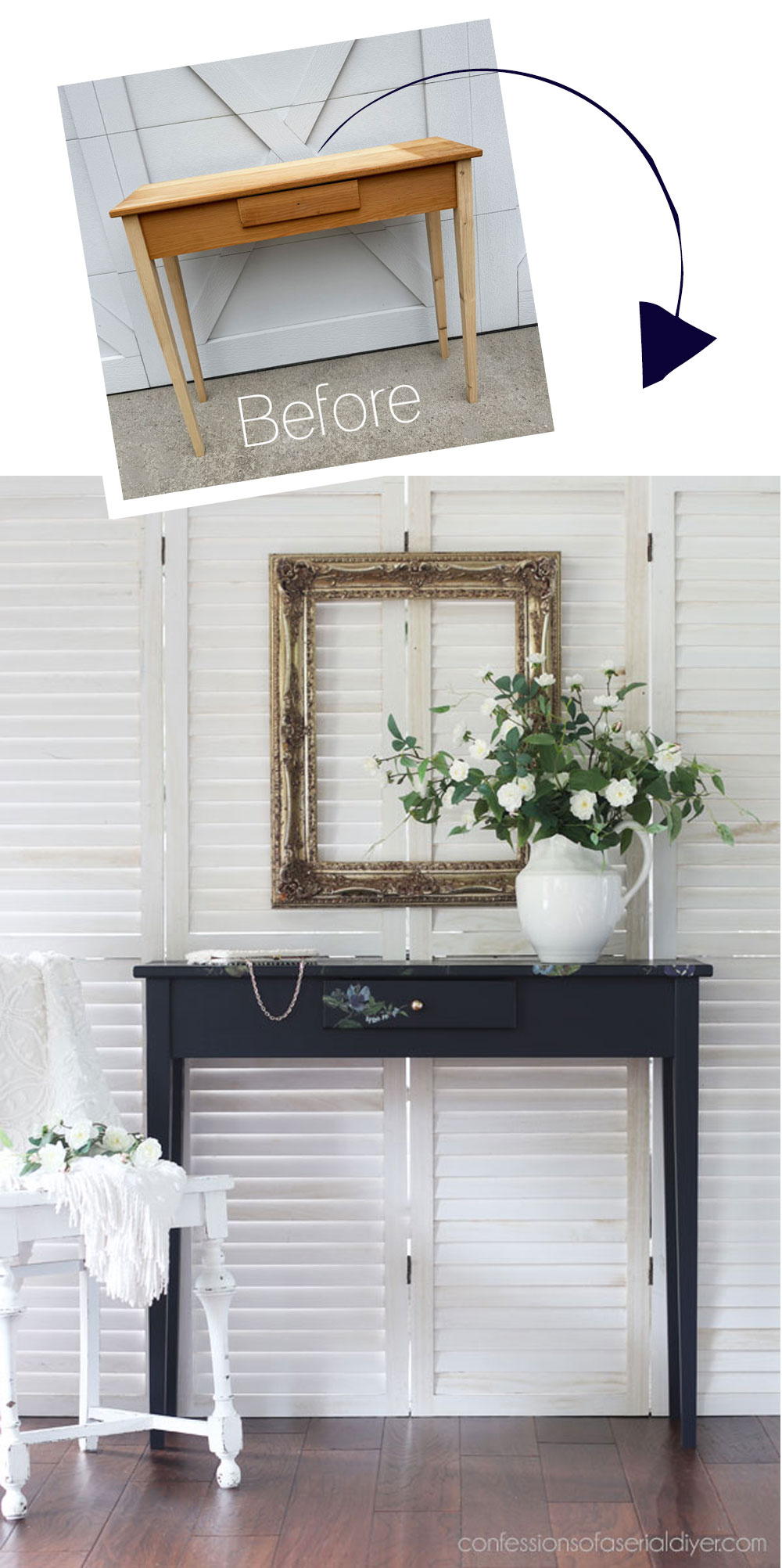 Unfinished wood table makeover in In the Navy from Dixie Belle.
