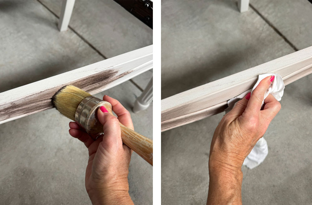 Applying brown wax to seal a chair