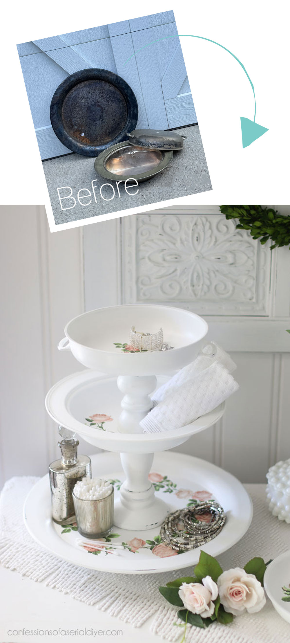 Repurpose a silver plated tray and server into a Tiered Tray